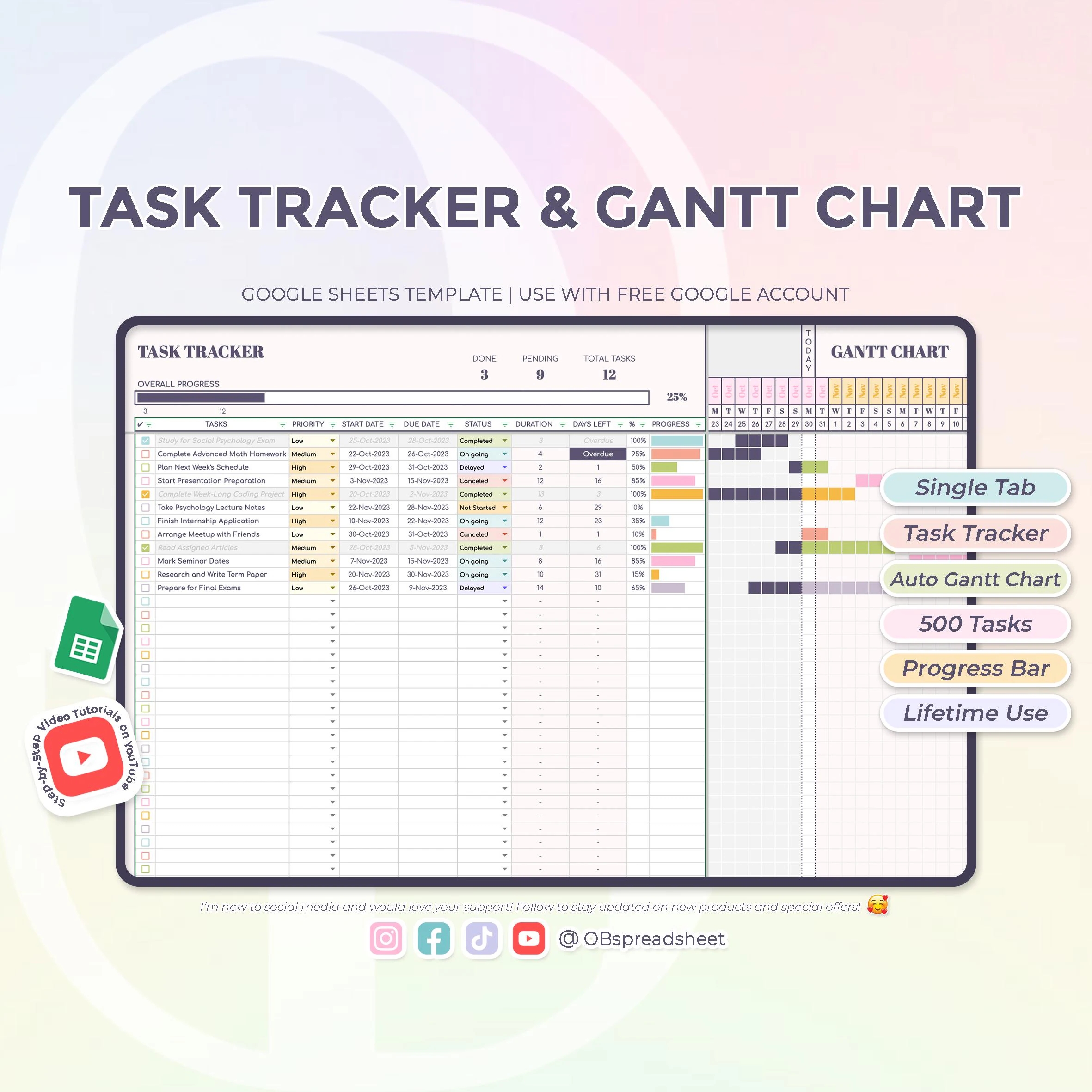 Automatic Gantt Chart U0026 Task Tracker Lifetime Usability To Do List Project Management Google Sheets Template Instant Download Etsy