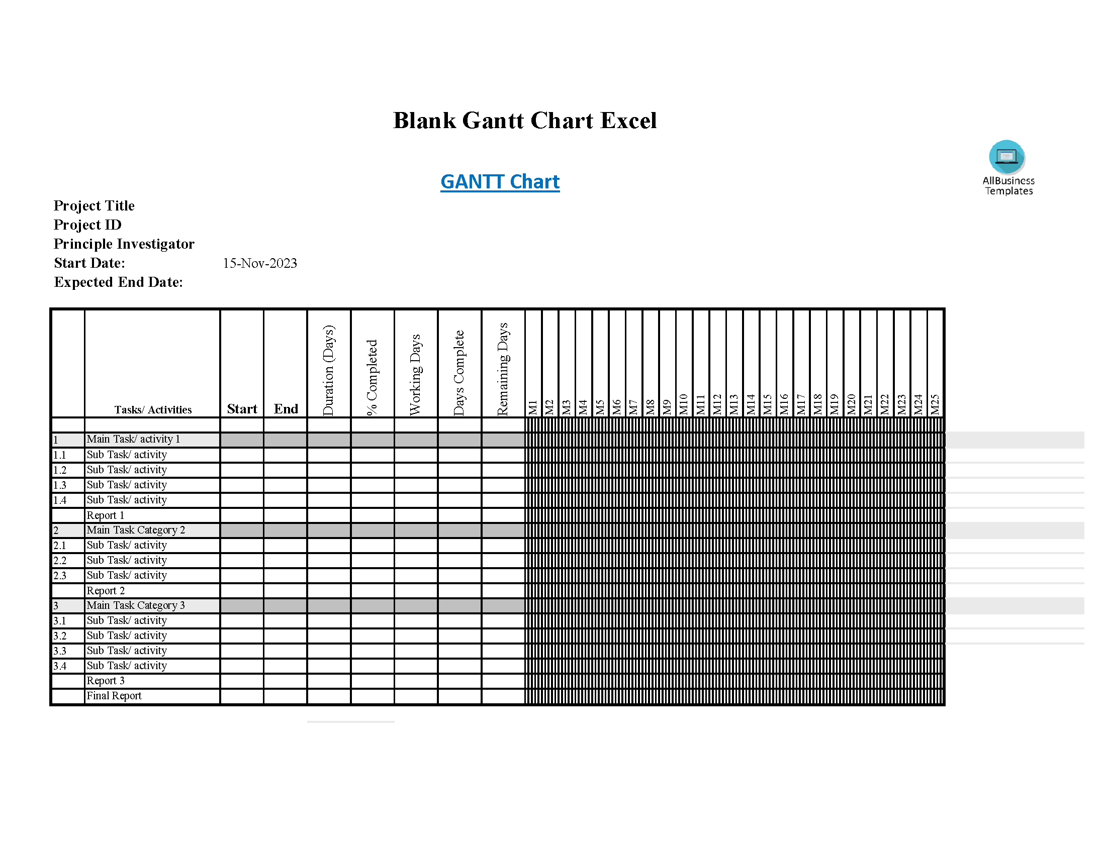 Blank Gantt Chart Excel Templates At Allbusinesstemplates