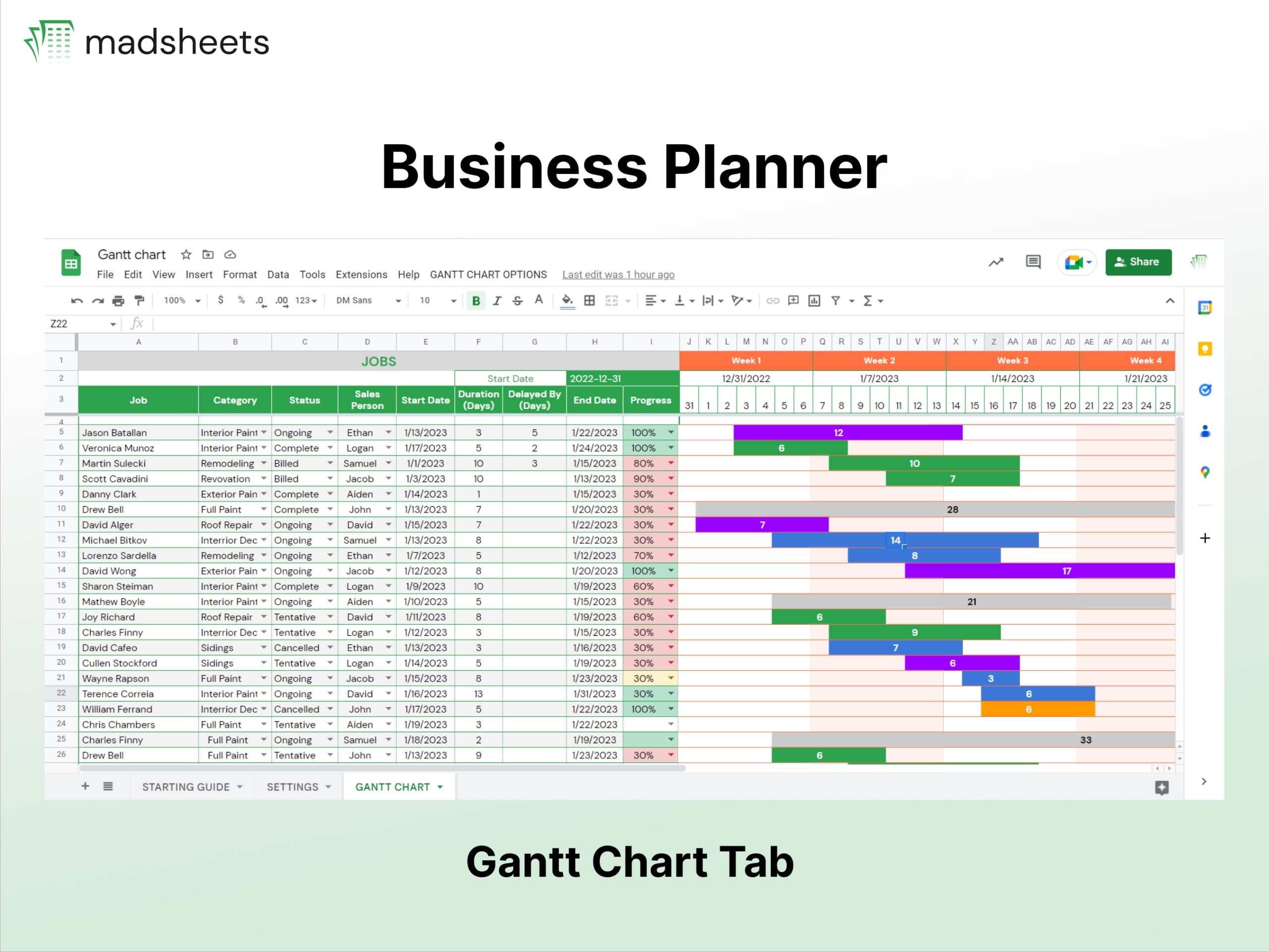Business Planner 2023 Gantt Chart Business Calendar Project Scheduling Tool Google Sheets ByMarketers