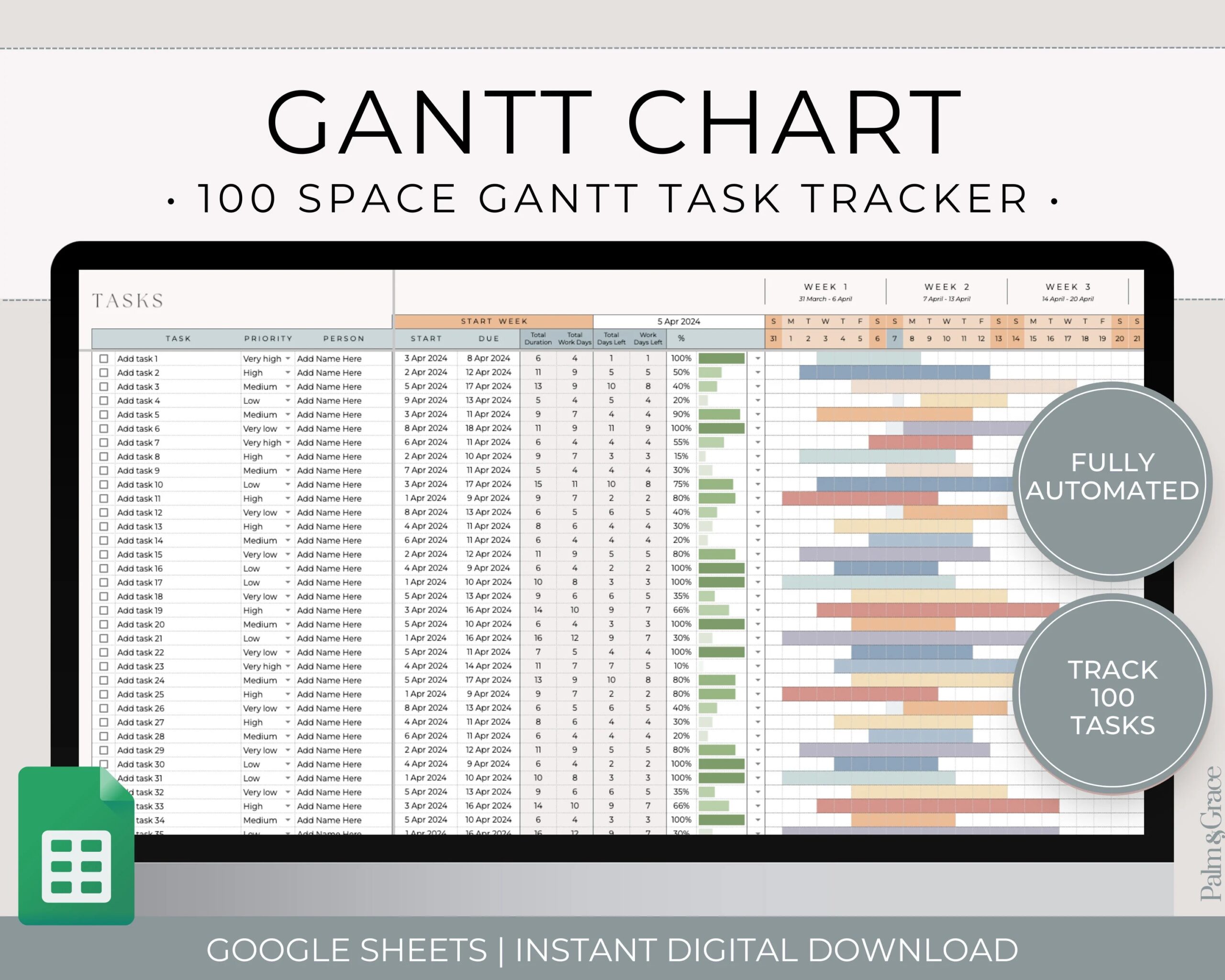 Buy 100 Spaces Gantt Chart Google Sheets Template Automated Project Timeline Project Management Spreadsheet Gantt Chart Spreadsheet Template Online In India Etsy