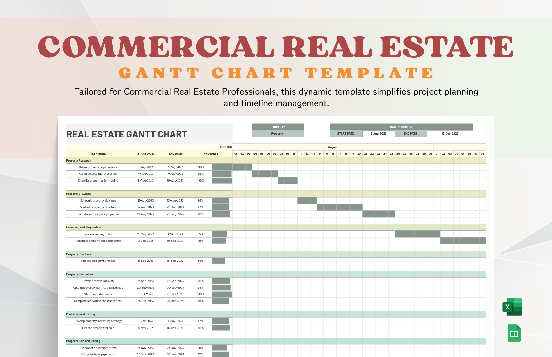 Commercial Real Estate Gantt Chart Template In Excel Google Sheets Download Template