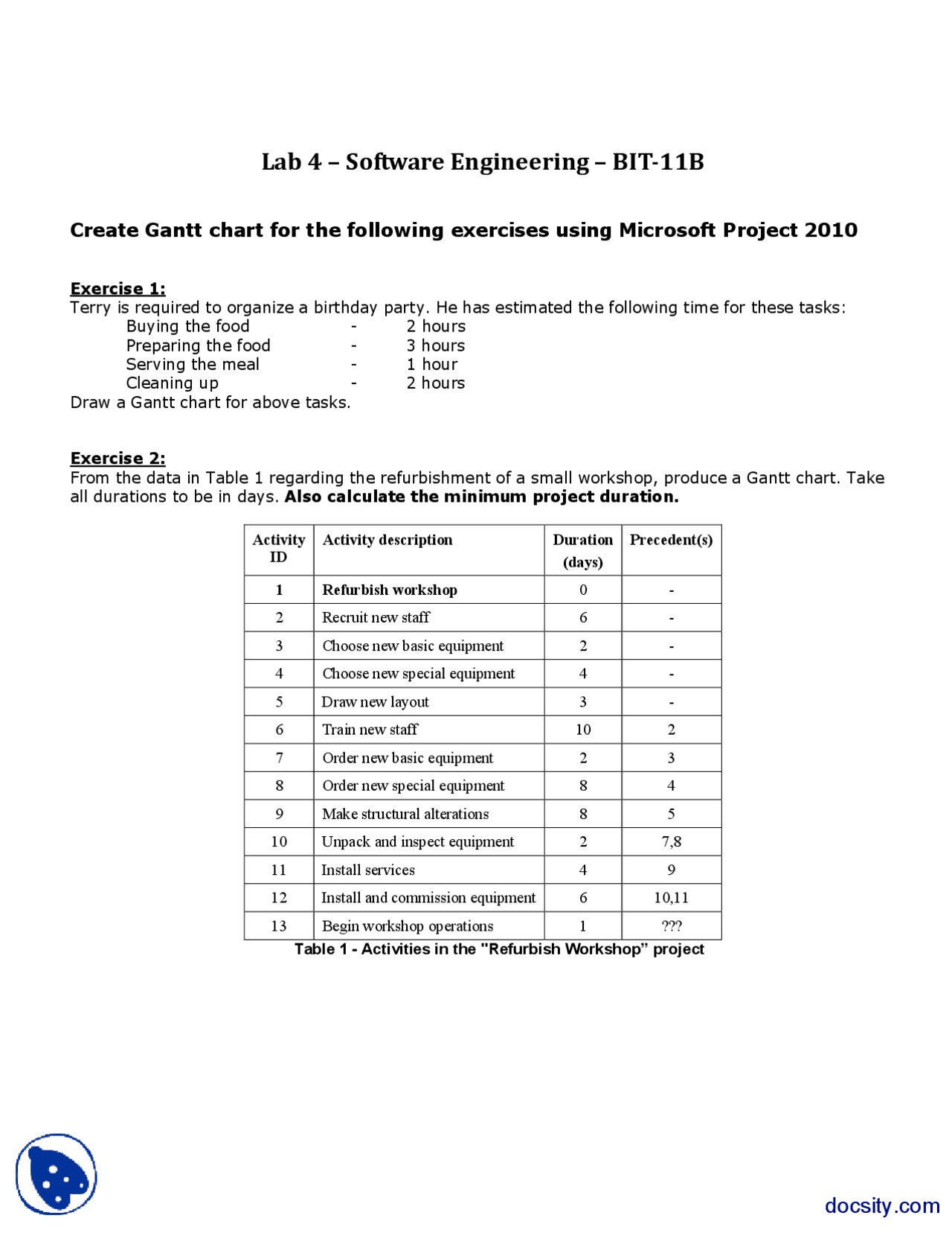 Create Gantt Chart Software Engineering Lab Manual Lecture Notes Software Engineering Docsity