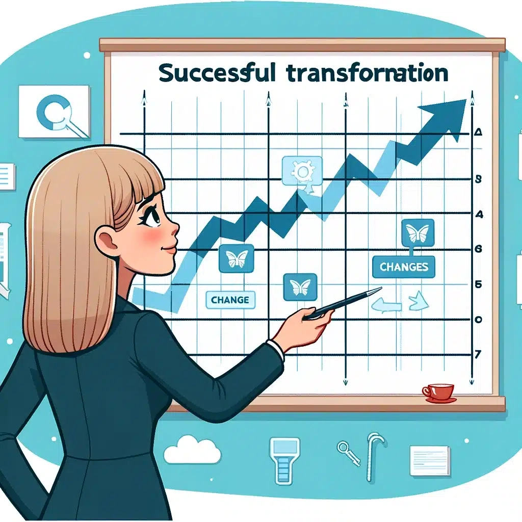 DALL E 2024 03 15 17 40 55 A Cartoon Representation Of A Female CEO Looking At A Gantt Chart Or Another Visual Representation Of Change Leading To Success The CEO Should Appear Effective Managers