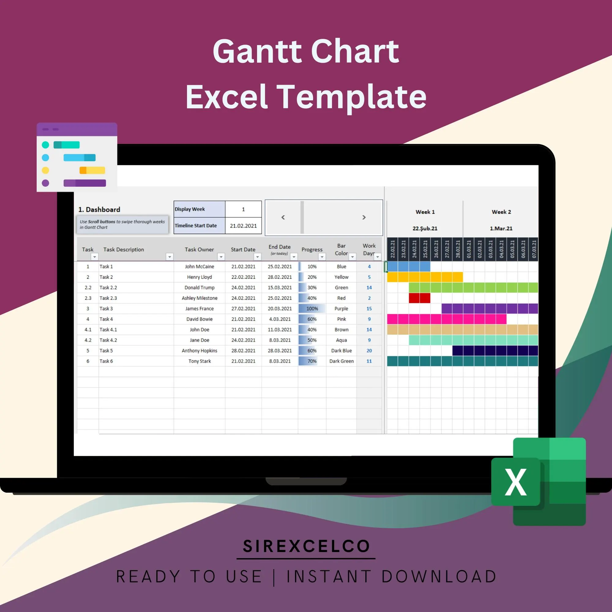 Dynamic Gantt Chart Excel Template For Team Work Management Easy Database Entry Tracking Visual Project Planning Eloquens