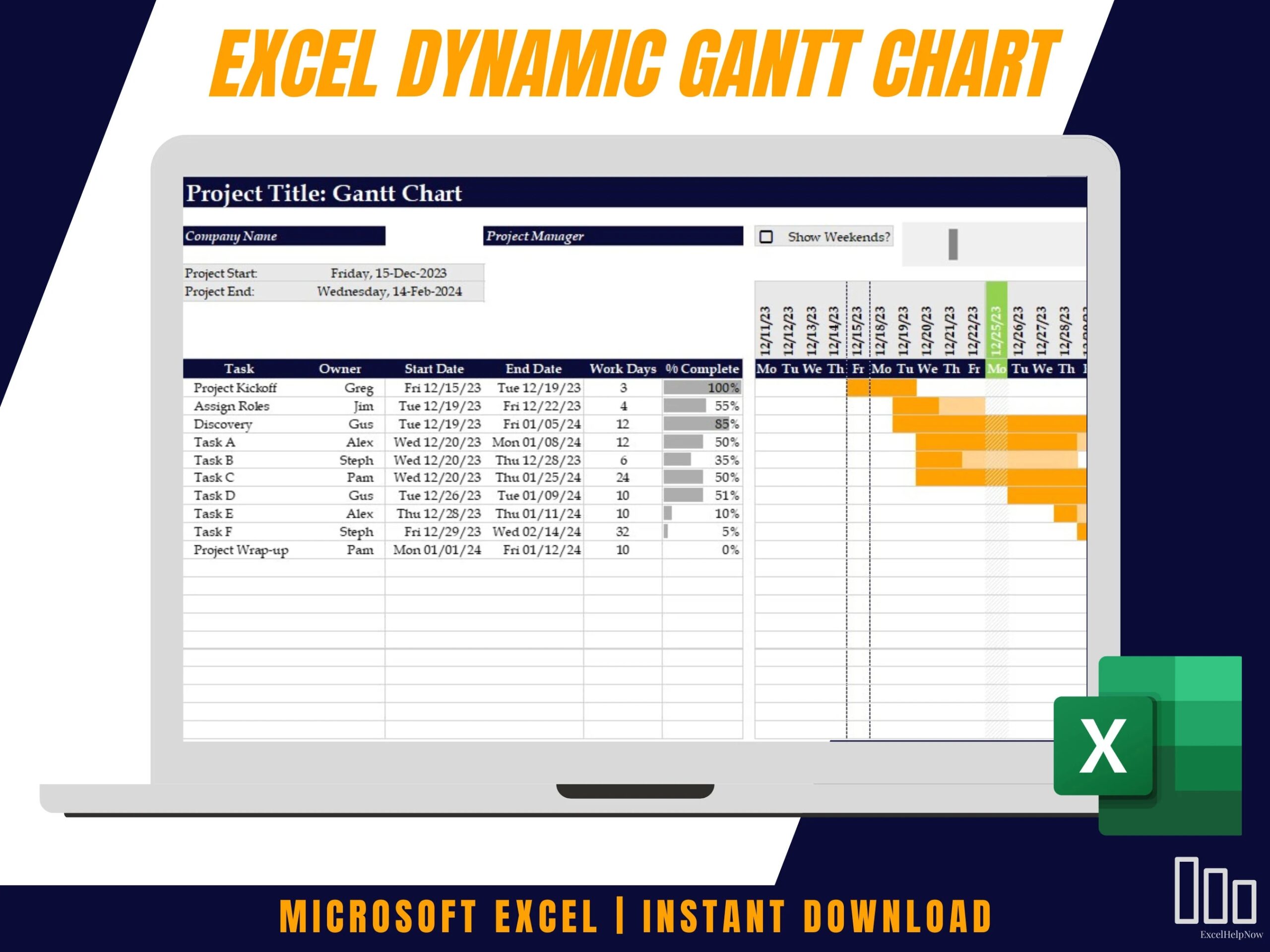 Excel Gantt Chart Dynamic Scroll Bar And Formatting Weekends And Holidays Checkbox Etsy