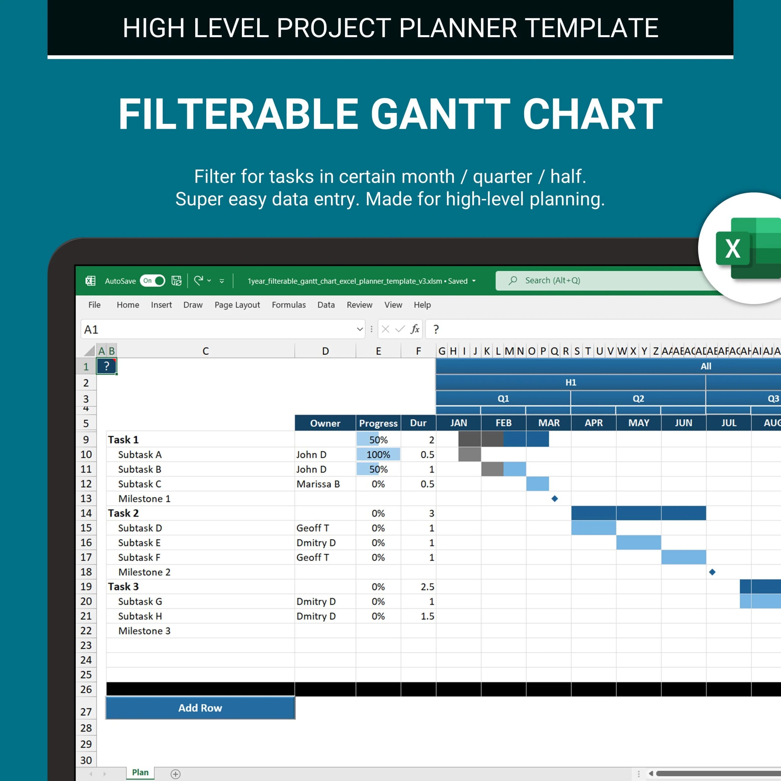 Filterable Excel Gantt Chart High level Project Planner Spreadsheet Macro Enabled Template Project Schedule Template Spreadsheet Etsy