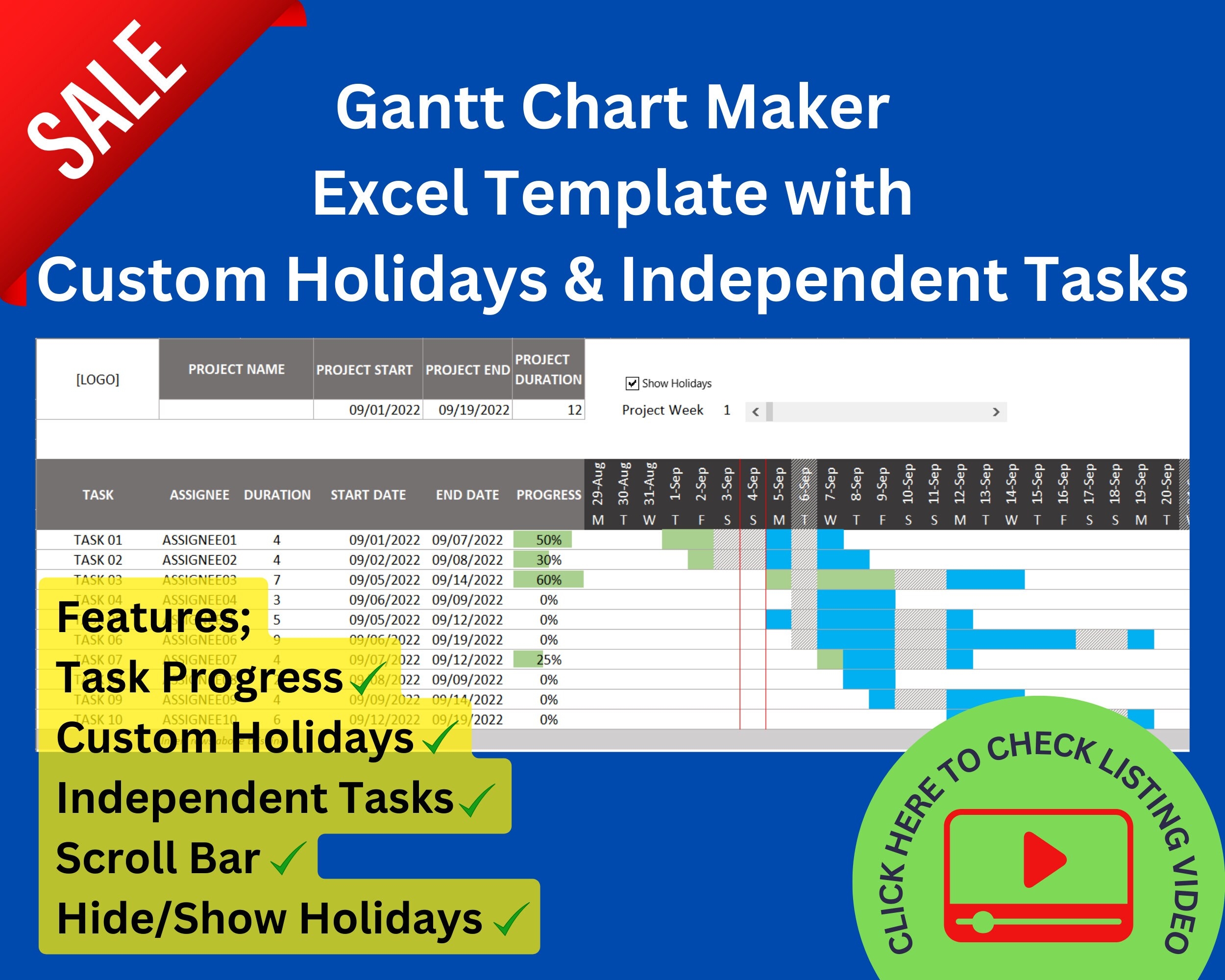 Gantt Chart Maker Excel Template With Custom Holidays U0026 Independent Tasks Etsy
