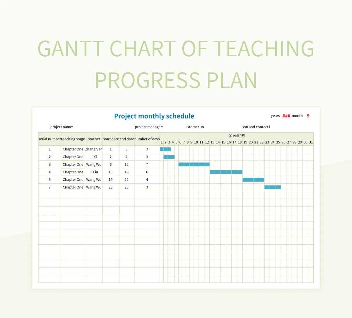 Gantt Chart Of Teaching Progress Plan Excel Template And Google Sheets File For Free Download Slidesdocs