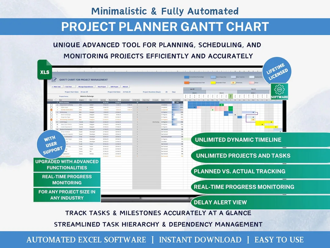 Gantt Chart Project Management Excel Template Software For Small Business Planner Spreadsheet Project Planner Timeline Task Tracker Etsy