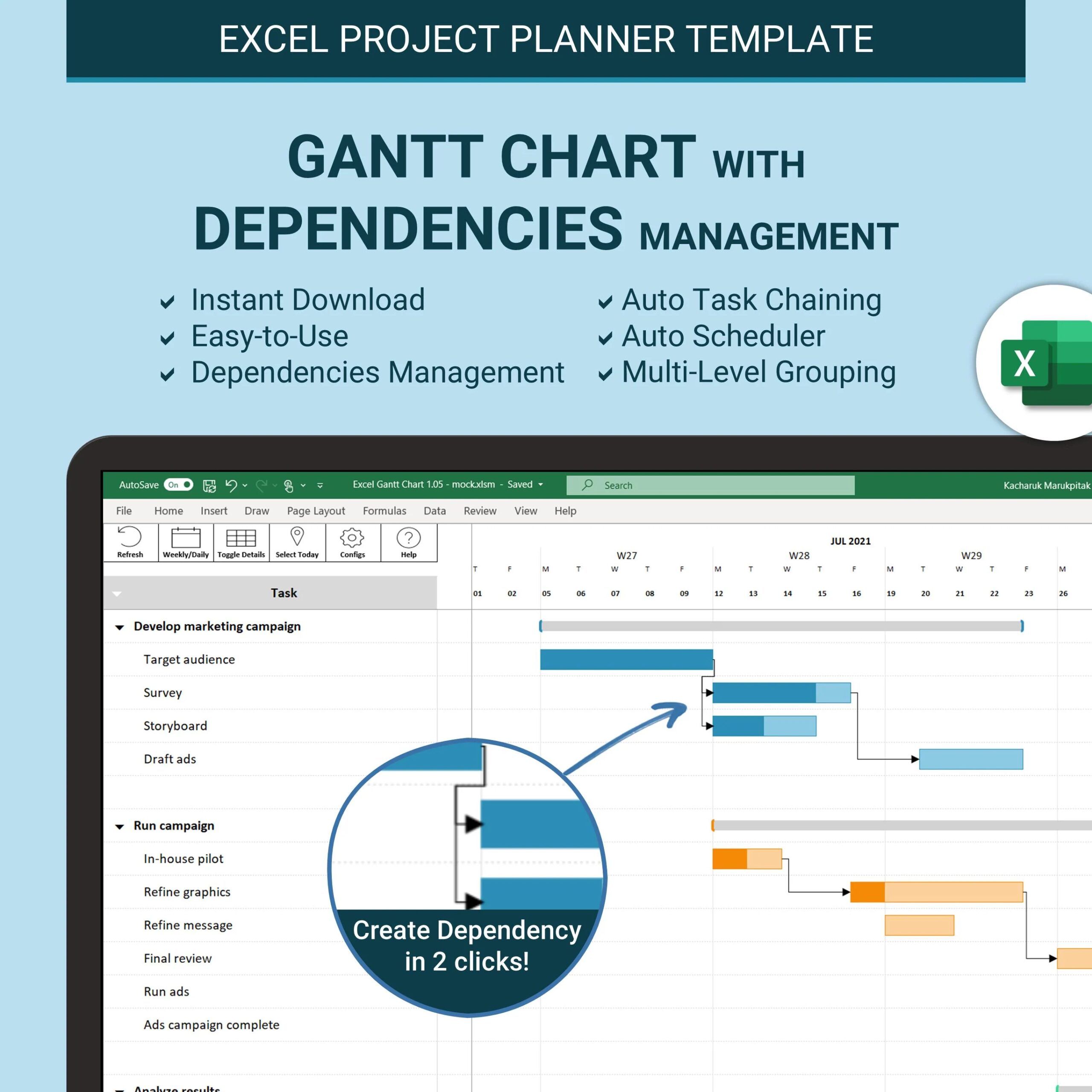 Gantt Chart With Dependencies Excel Template Easy U0026 Automated Project Planner Project Schedule Project Timeline Visualization Etsy