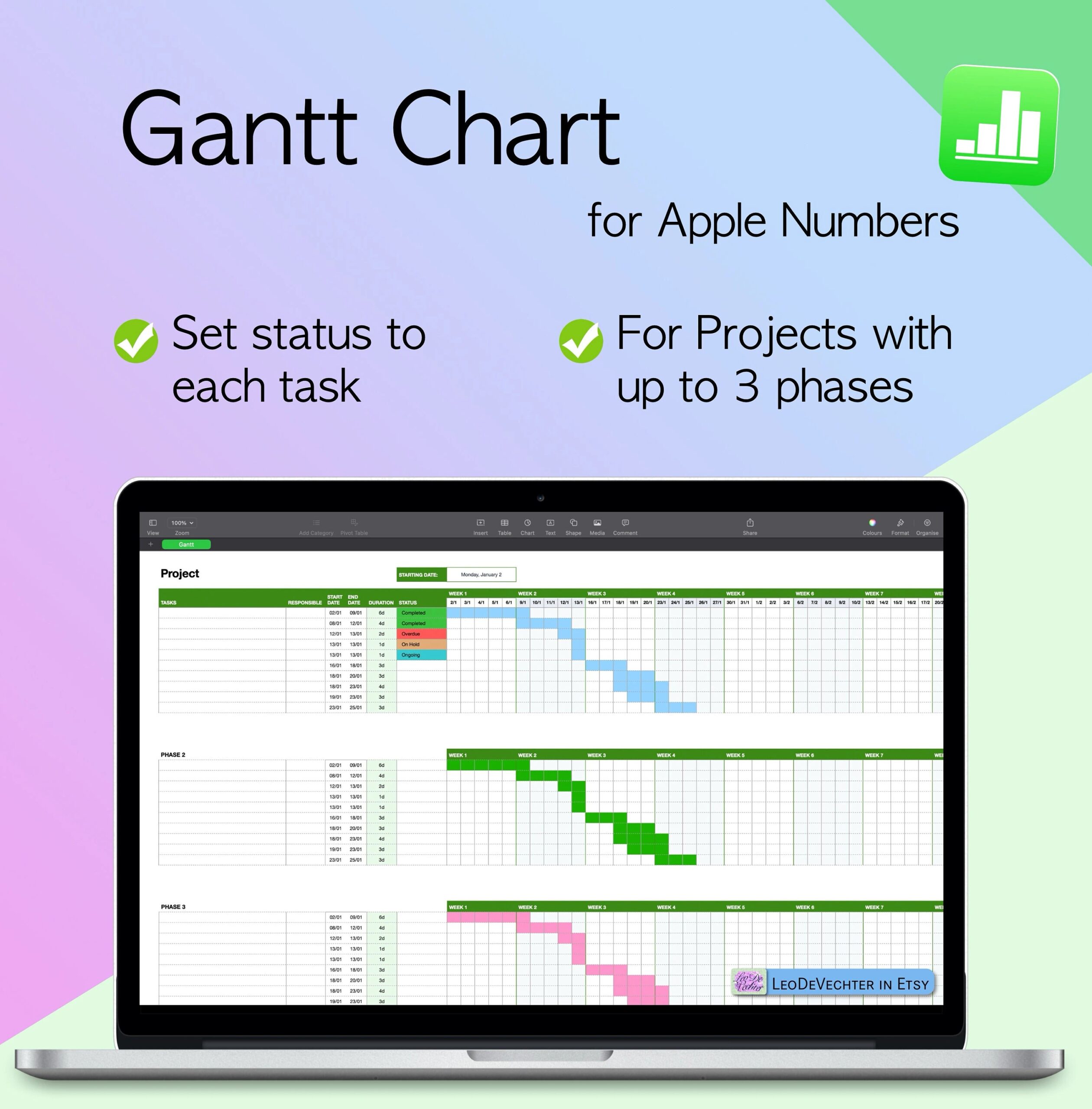 Gantt Chart With Task Status Apple Numbers Task Tracker Project Planner Etsy