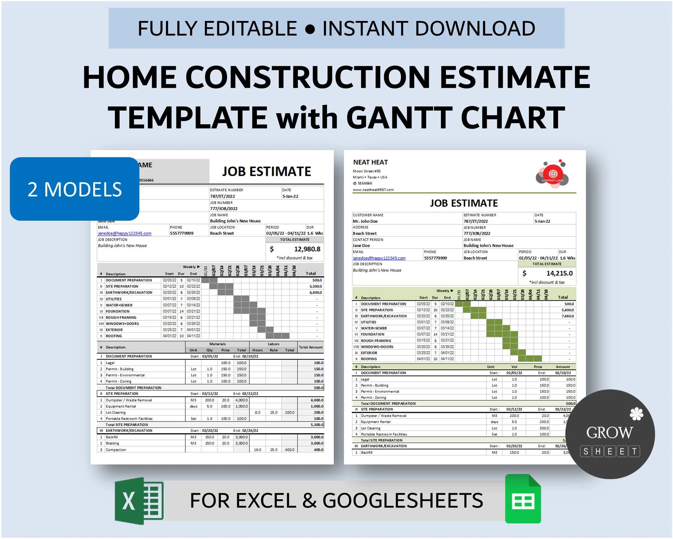 Home Construction Estimate Template With Gantt Chart For Excel And Google Sheets Printable Construction Estimate And Gantt Chart Template Etsy