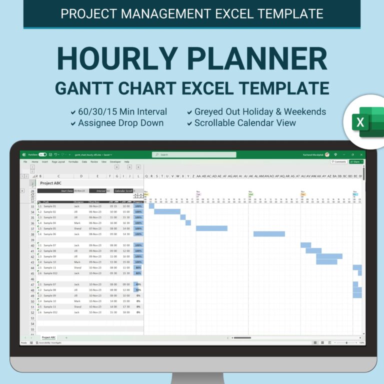 Hourly Planner Gantt Chart Excel Template Project Management Excel Spreadsheet Template Daily Schedule By Hour Project Schedule Planner Etsy Australia