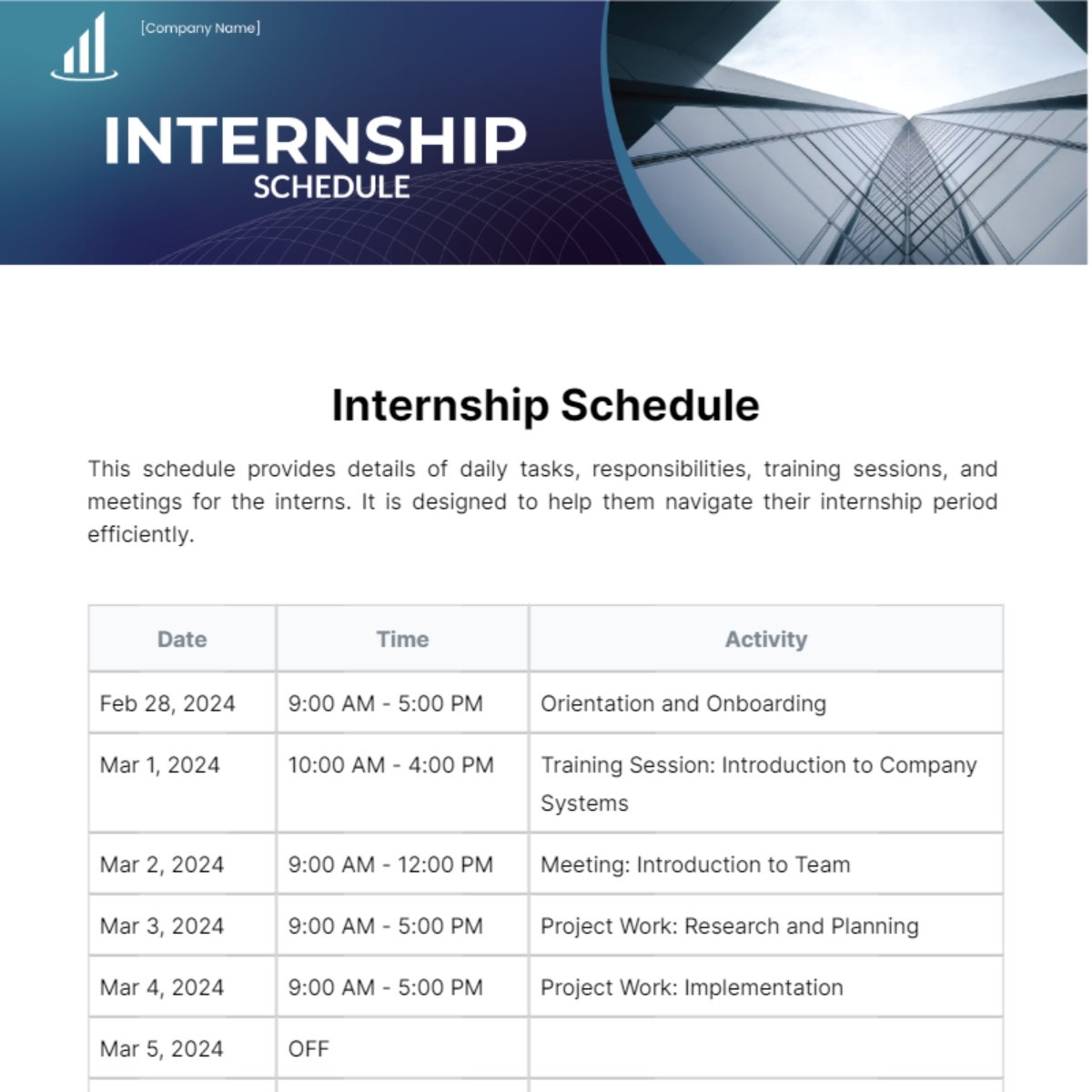 Internship Schedule Template Business Plan Templates