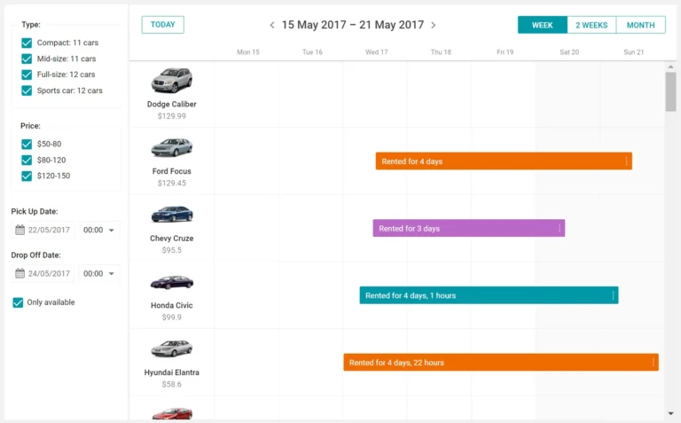 JavaScript HTML5 Car Rental Calendar DHTMLX Demo App