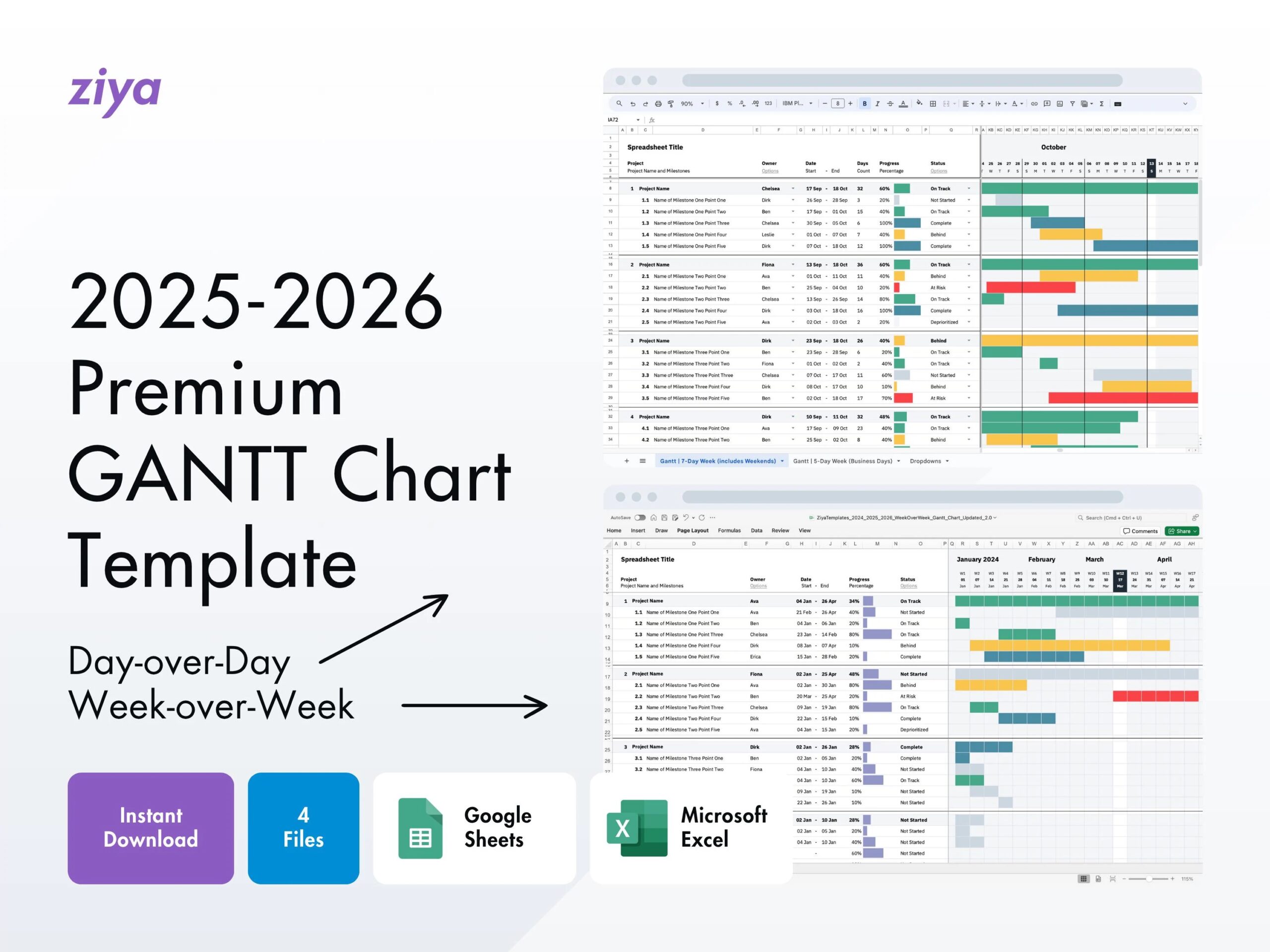 Premium Gantt Chart Template For 2024 2025 2026 Google Sheets Microsoft Excel 7 day And 5 day Week Business Days Weekly Wow Daily Dod Etsy UK