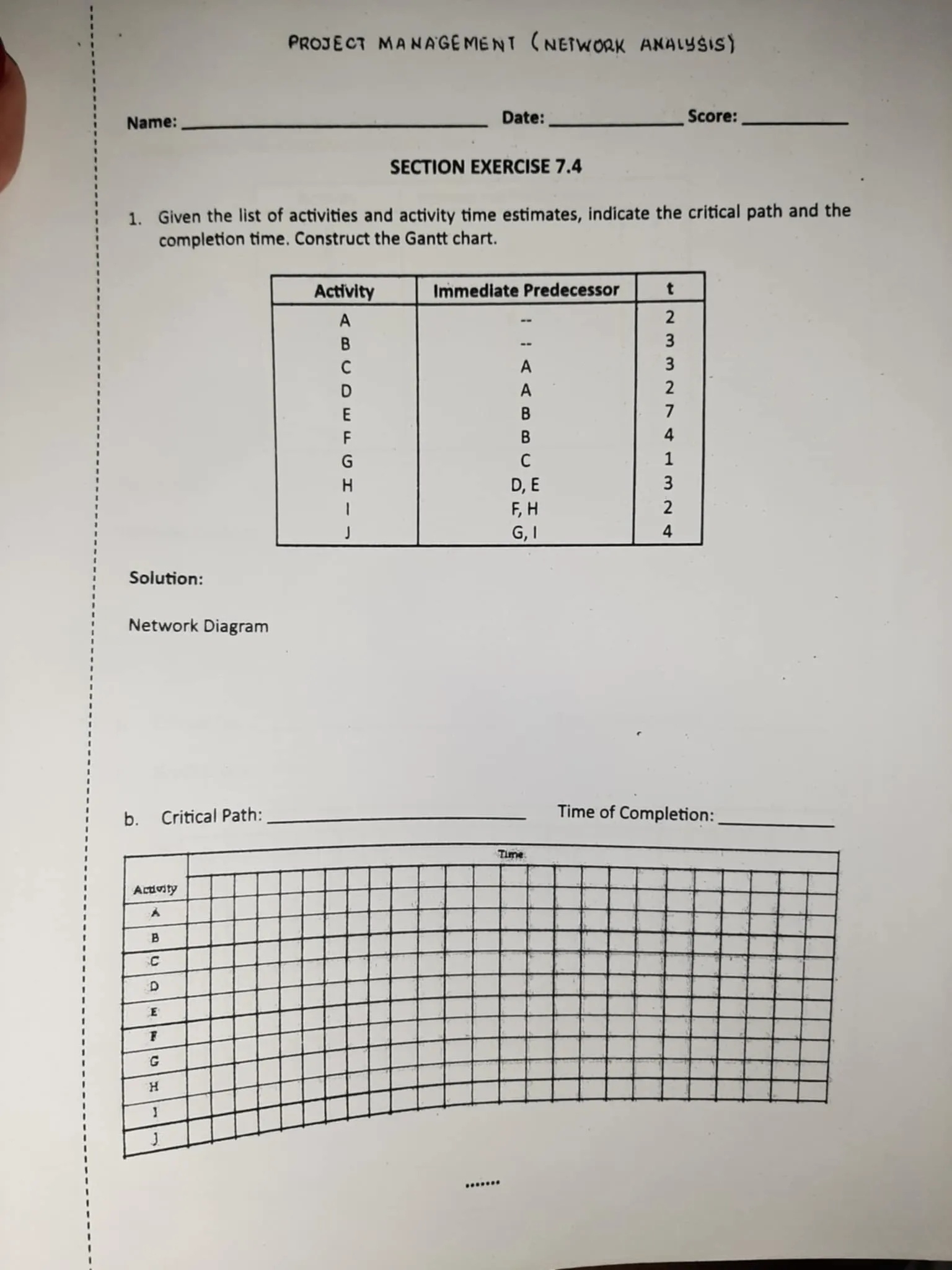 PROJECT MANAGEMENT NETWORK ANALYSIS SECTION StudyX
