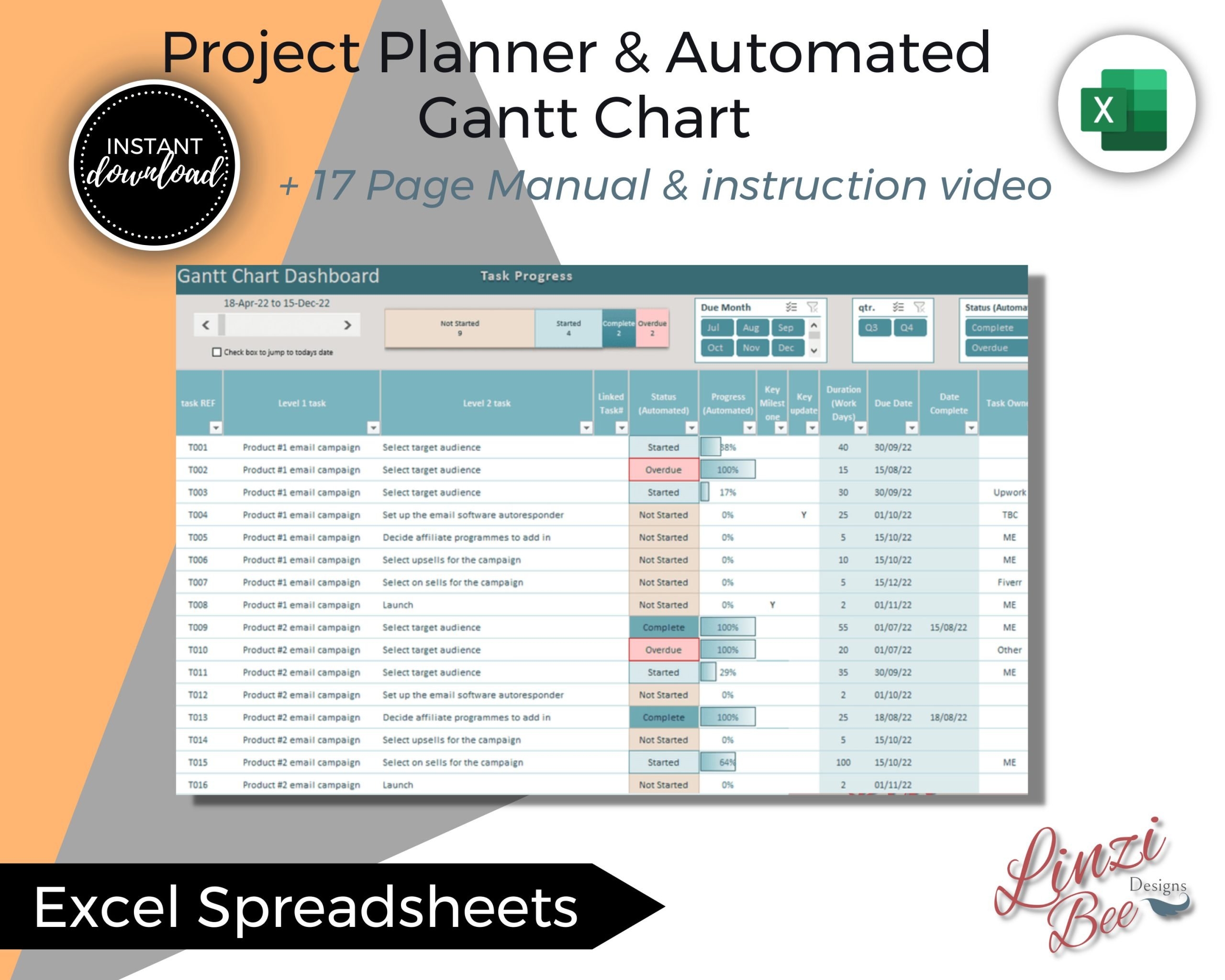 Project Management Template Automated Gantt Chart Project Tracker Excel Dashboard Task Tracker Project Timeline Planner PMO LinziBee