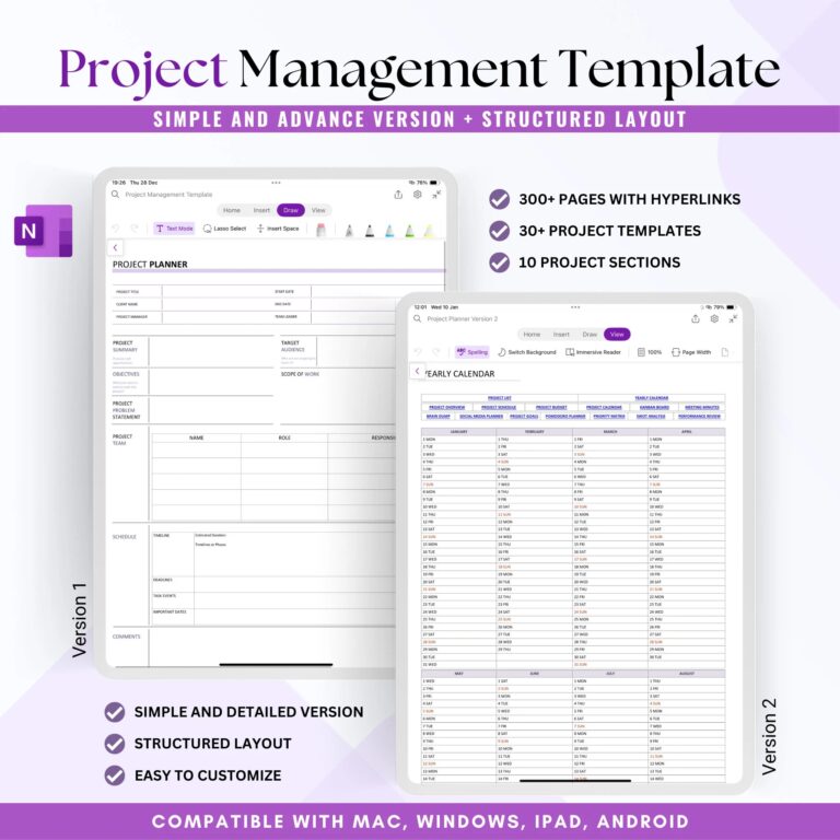 Project Management Template Gantt Chart Project Milestone SMART Goals Project Budget SWOT Analysis Kanban Board Onenote Planner Etsy Canada
