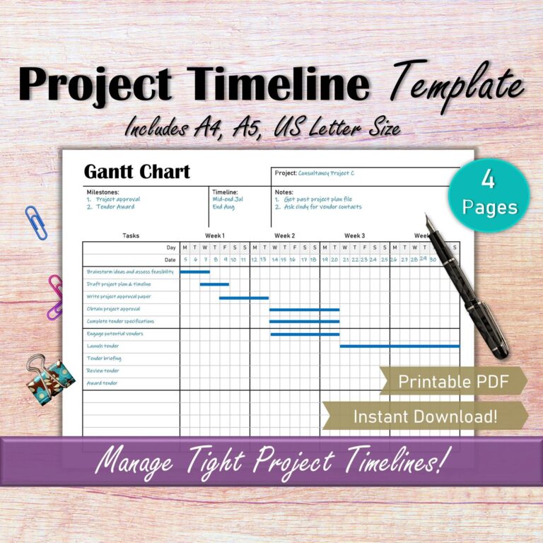 Project Management Template Printable Project Planner Timeline 