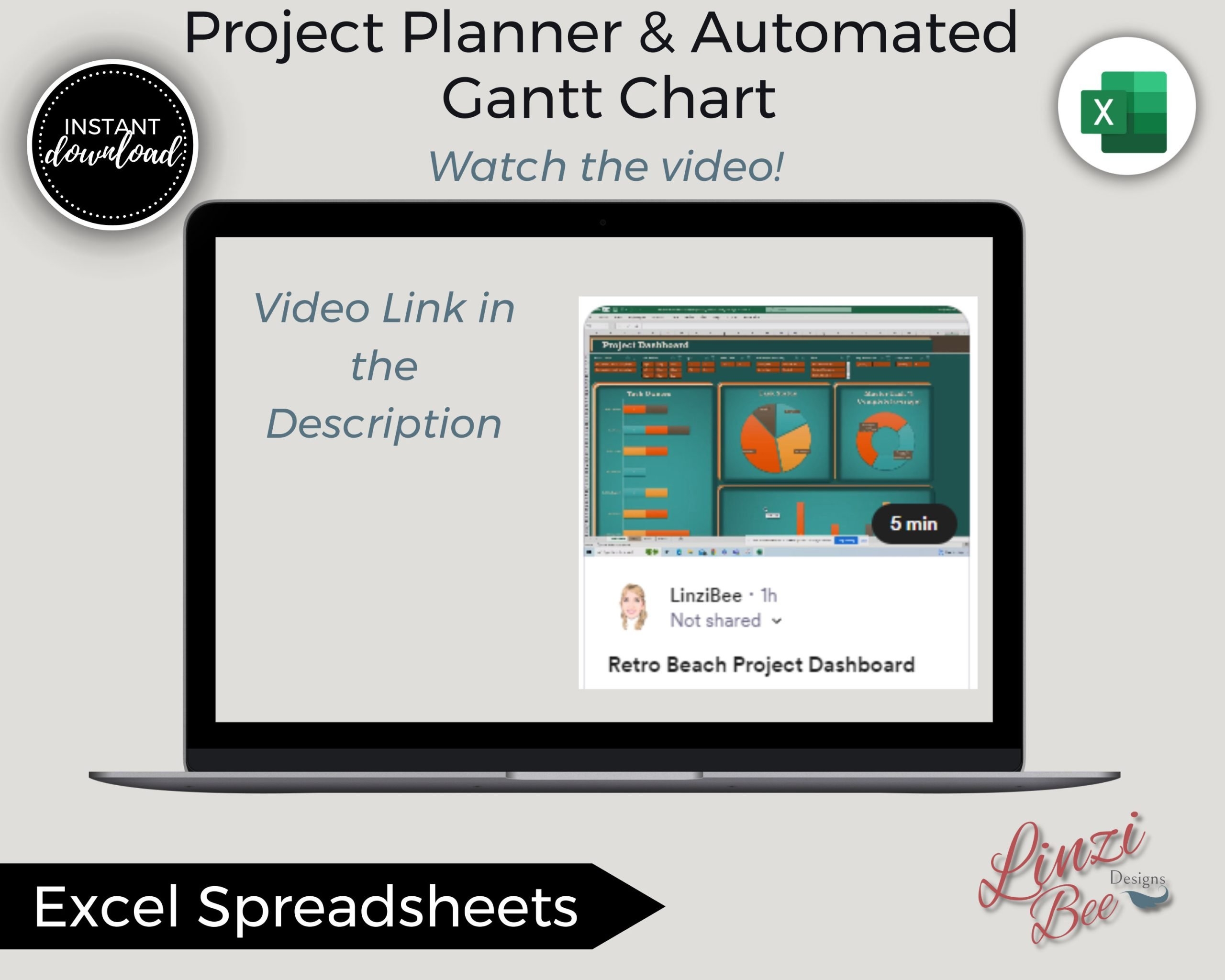 Project Planning Dashboard Automated Gantt Chart Project Tracker Excel Template Task Manager Project Timeline Planner PMO LinziBee