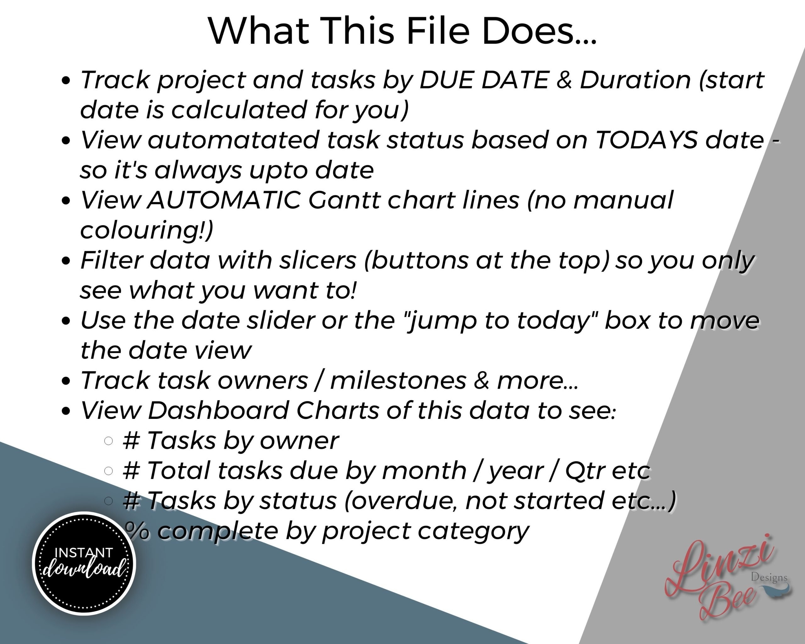 Project Planning Dashboard Automated Gantt Chart Project Tracker Excel Template Task Manager Project Timeline Planner PMO LinziBee