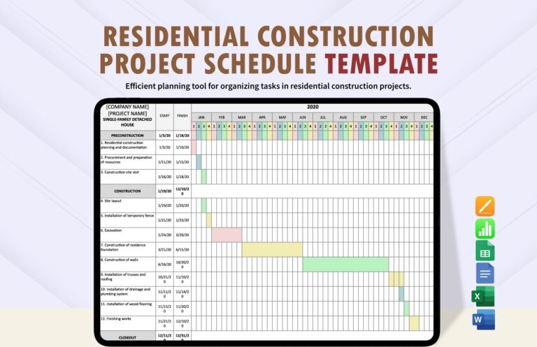 Residential Construction Project Schedule Template In Google Docs Excel Apple Pages Word Google Sheets Apple Numbers Download Template