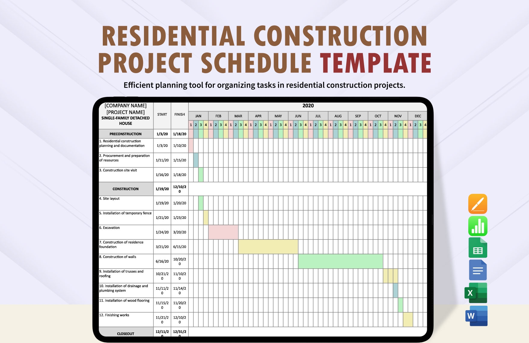 Residential Construction Project Schedule Template In Google Docs Excel Apple Pages Word Google Sheets Apple Numbers Download Template