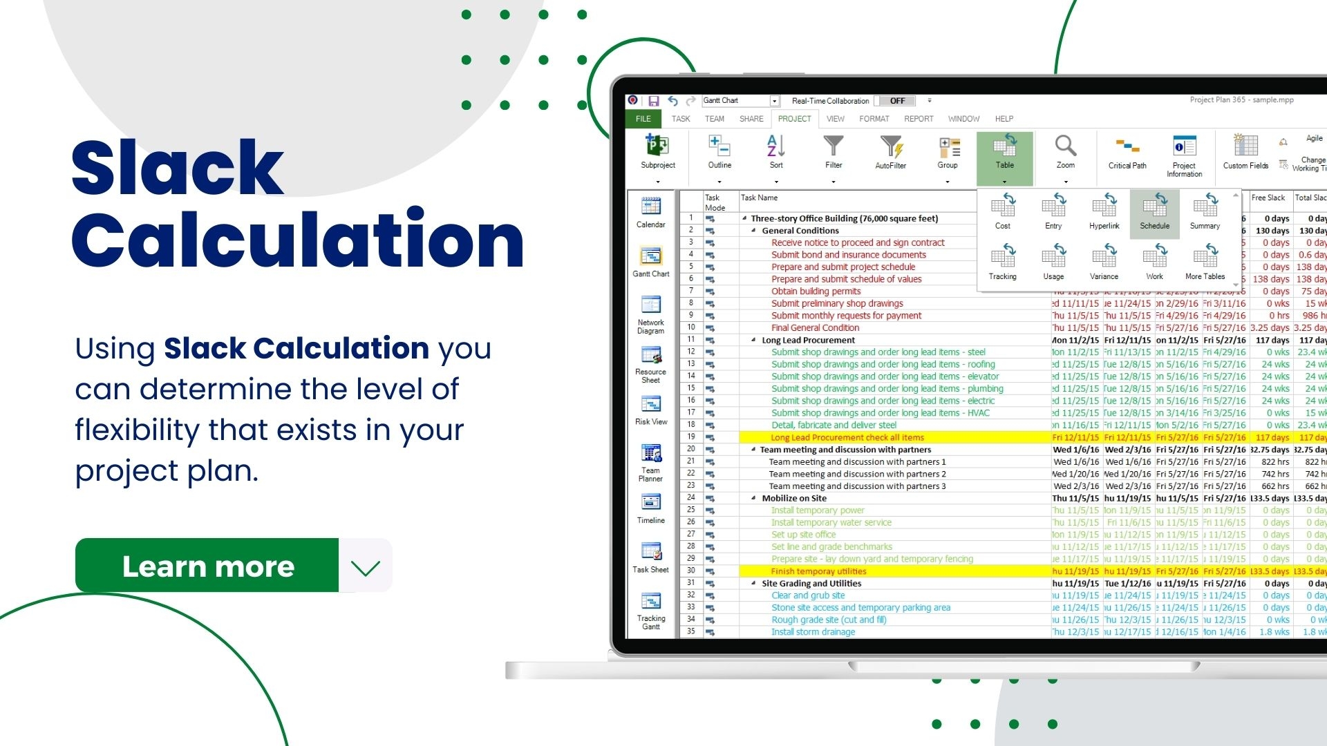 Slack Calculation Project Plan 365
